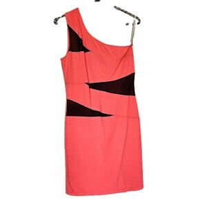 Vtg Y2K 90s Deb Mini Dress Size L One Shoulder Mesh Hot Pink Black Party HOCO